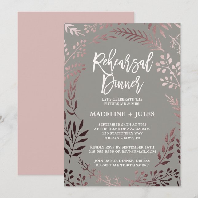 Elegante Rose Gold und Gray Probe Abendessen Einladung (Vorne/Hinten)