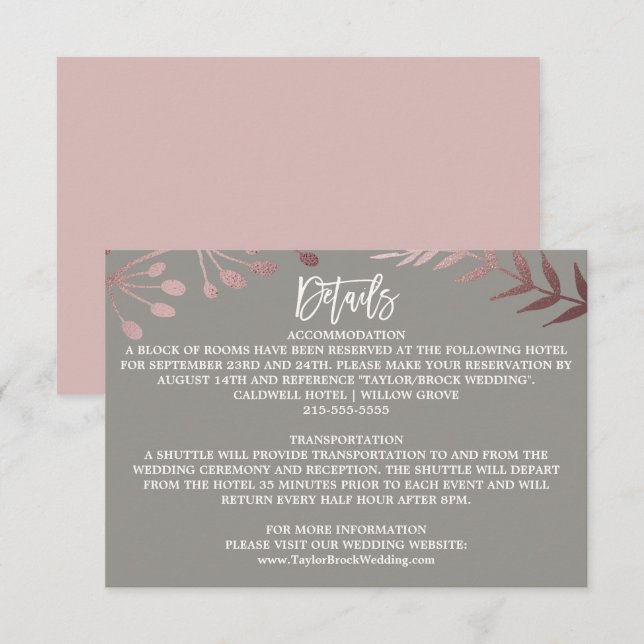 Elegante Rose Gold und Gray Wedding Details Card Begleitkarte (Vorne/Hinten)