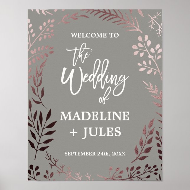 Elegante Rose Gold und Gray Wedding Willkommen Poster (Vorne)