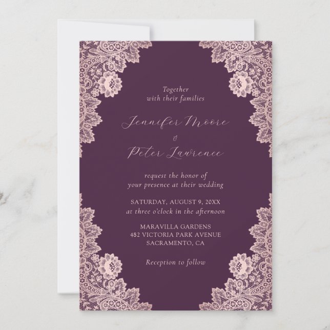 Elegante Rose Gold und Lila Hochzeit Einladung (Vorderseite)