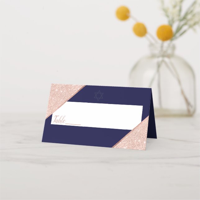 Elegante Rose Gold und Marine Bat Mitzvah Platzkarte (Vorderseite)