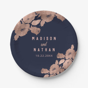 Elegante Rose Gold und Navy Floral Wedding Napkins Pappteller