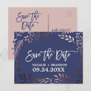 Elegante Rose Gold und Navy Hochzeit speichern das Ankündigungspostkarte