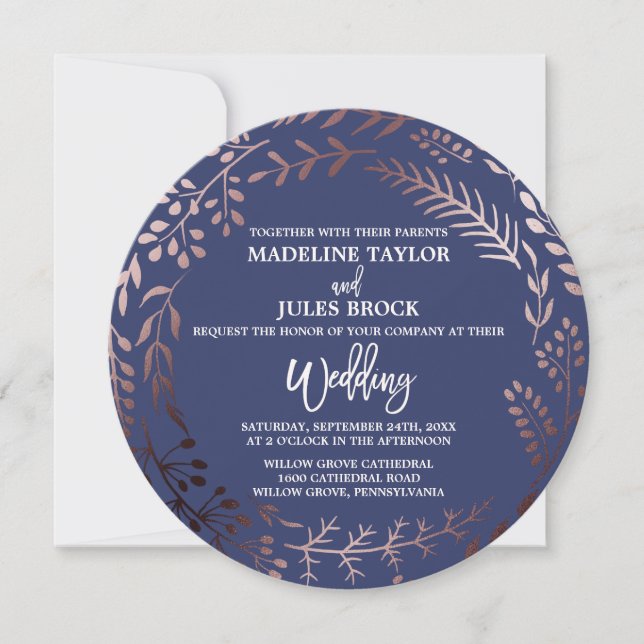 Elegante Rose Gold und Navy Runde Hochzeit Einladung (Vorderseite)