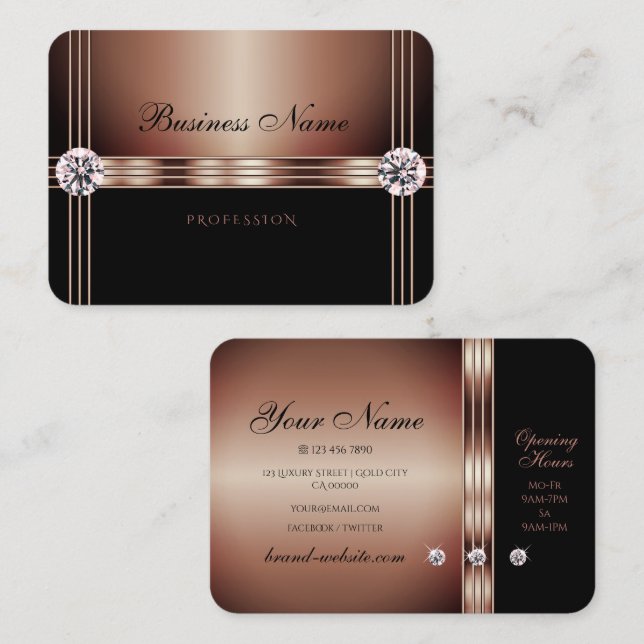 Elegante Rose Gold und schwarze Sparkling Rhinesto Visitenkarte (Vorne/Hinten)