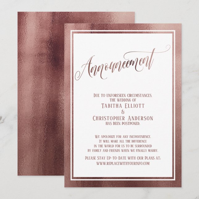 Elegante Rose Gold Verspätete Hochzeitsankündigung Einladung (Vorne/Hinten)