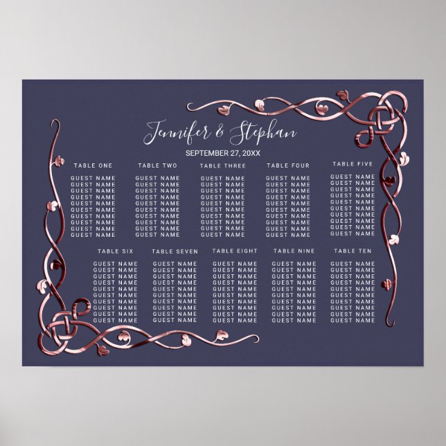 Elegante Rose Gold Vines Navy Blue Seating Chart Poster (Vorne)