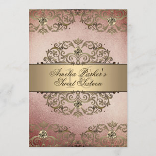 Elegante Rose Gold Vintag Damask 16 . Geburtstag Einladung