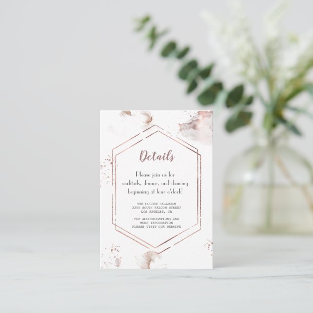Elegante Rose Gold Waschen Rahmen Hochzeitsdetails Begleitkarte (Stehend Vorderseite)