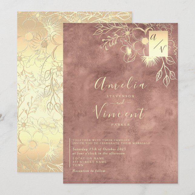 Elegante Rose Gold Wedding Einladung (Vorne/Hinten)
