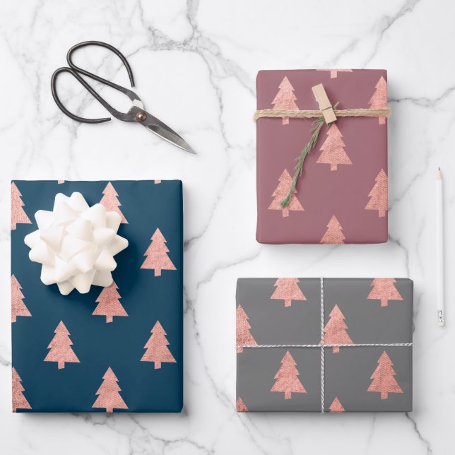 Elegante Rose Gold Weihnachtsbaumstruktur Geschenkpapier Set (Vorderseite)