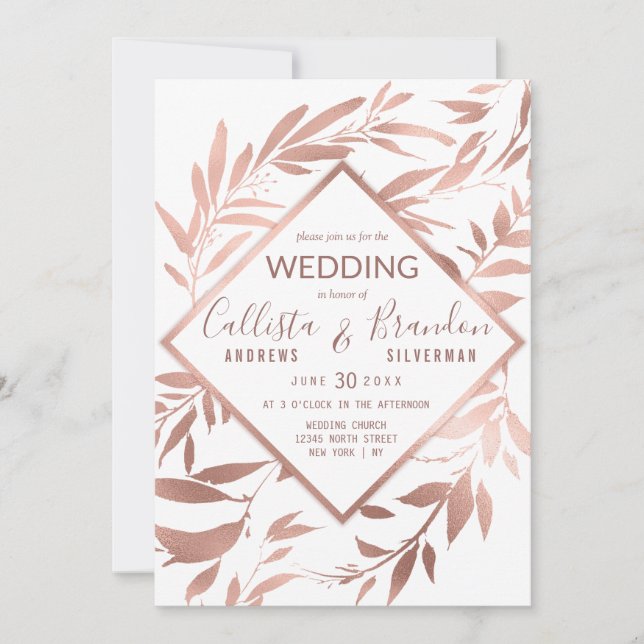 Elegante Rose Gold Weiße Blätter Hochzeit Einladung (Vorderseite)