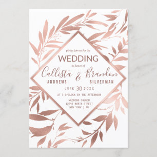 Elegante Rose Gold Weiße Blätter Hochzeit Einladung