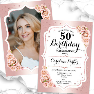 Elegante Rose Gold Weißes Foto 50. Geburtstag Einladung