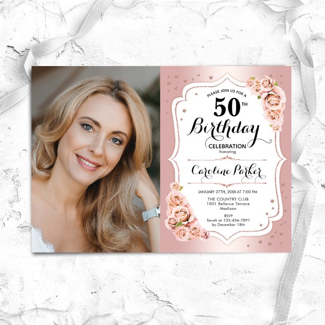 Elegante Rose Gold Weißes Foto 50. Geburtstag Einladung (Von Creator hochgeladen)