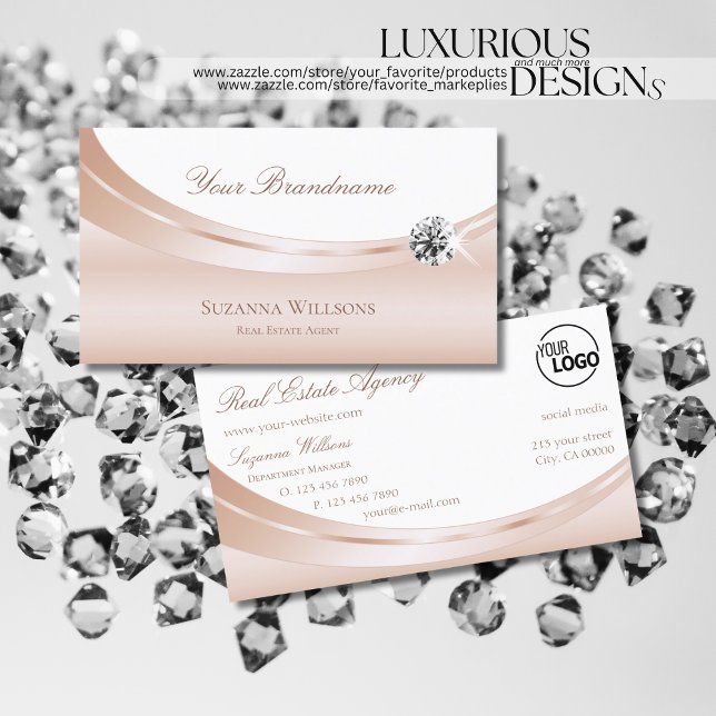 Elegante Rose Gold White mit Logo und Luxe Diamond Visitenkarte (Von Creator hochgeladen)
