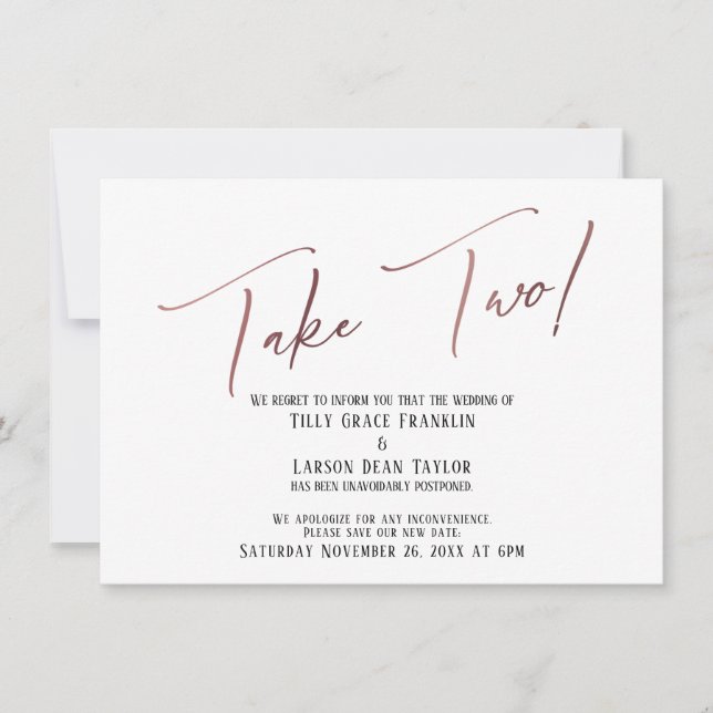 Elegante Rose Gold Zwei verspätete Hochzeiten Einladung (Vorderseite)