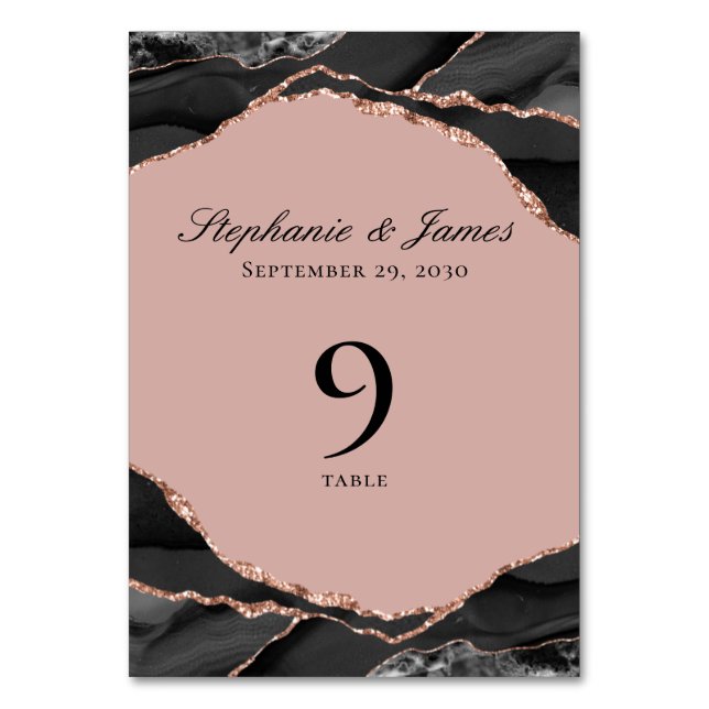 Elegante Rose Golden Foil Schwarz-weiß Agate Hochz Tischnummer (Vorderseite)