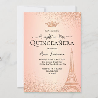 Elegante Rose Golden Paris Night Theme Quinceanera Einladung