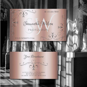 Elegante Rose Golden Silver Verziert Corners Initi Visitenkarte