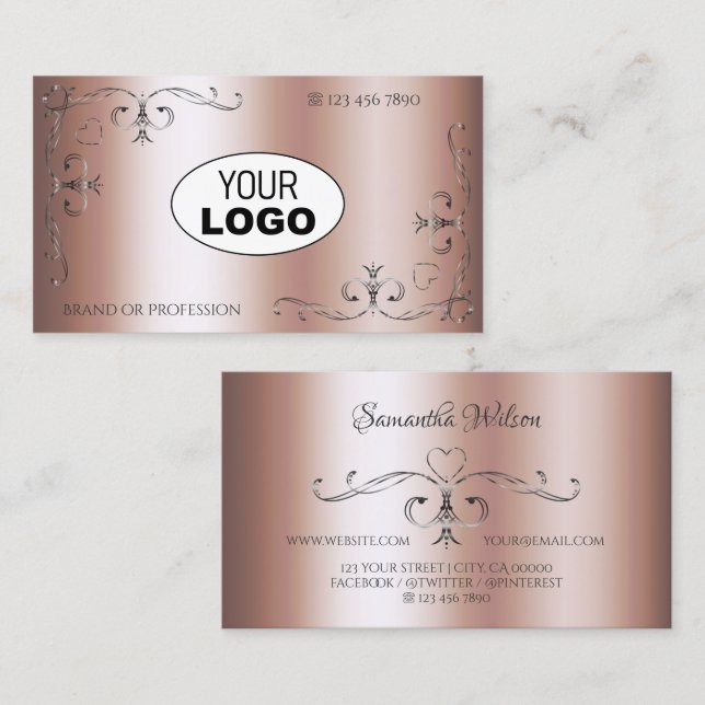 Elegante Rose Golden Silver Verziert Corners Logo  Visitenkarte (Vorne/Hinten)