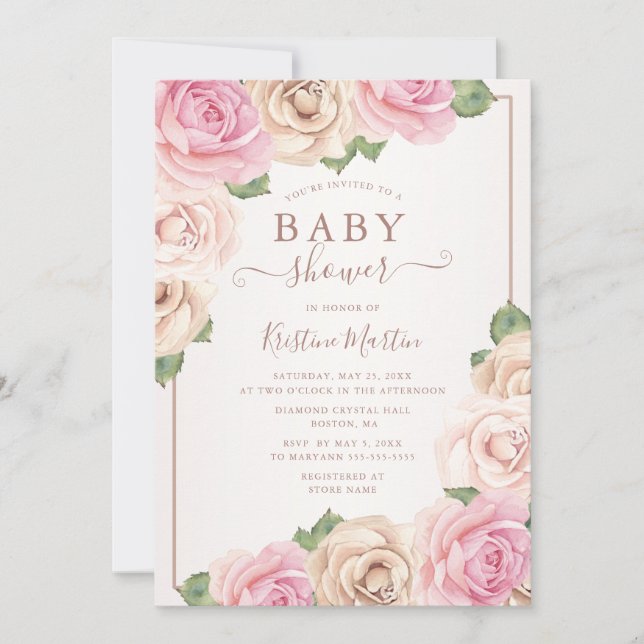 Elegante Rose Goldene Aquarellblütendusche Einladung (Vorderseite)
