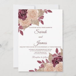 Elegante Rose Goldene Burgund Glitzer Blumenhochze Einladung