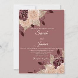 Elegante Rose Goldene Burgund Glitzer Blumenhochze Einladung