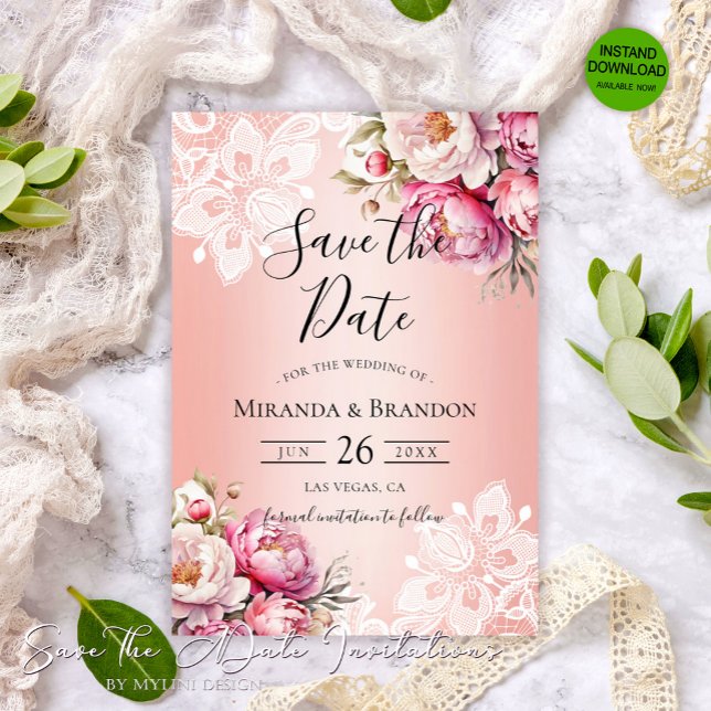 Elegante Rose Goldene Flora Hochzeit Save The Date (Von Creator hochgeladen)