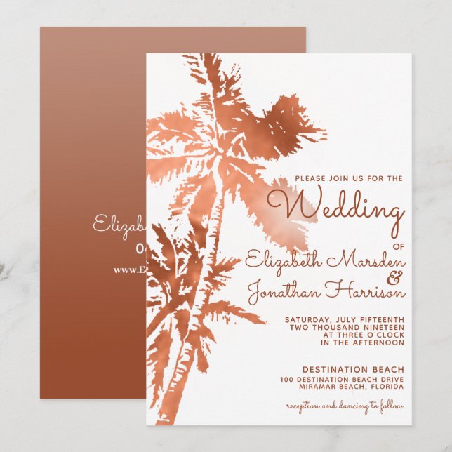 Elegante Rose Goldene Palmen Tropische Hochzeit Einladung (Vorne/Hinten)