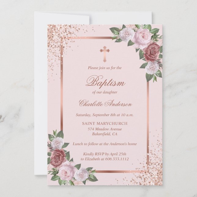 Elegante Rose Goldene Rosa Blütenmünze Taufe Einladung (Vorderseite)