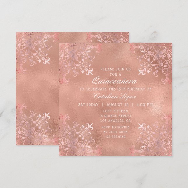 Elegante Rose Goldene Verzierte Flora Quinceñera Einladung (Vorne/Hinten)