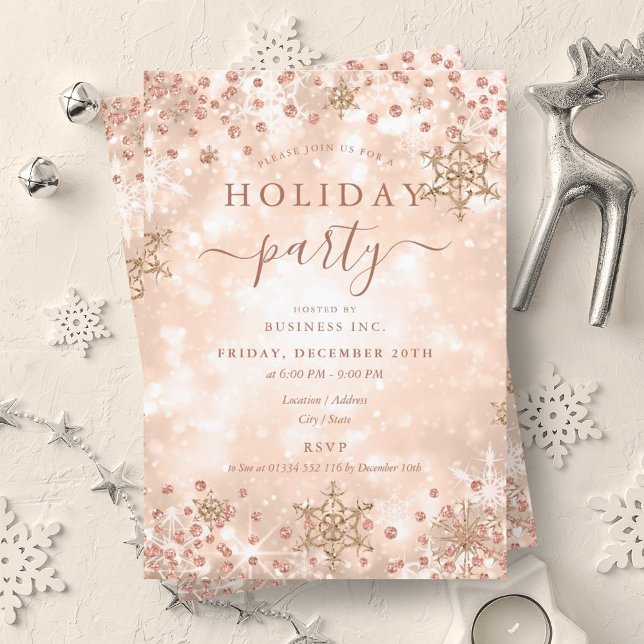 Elegante Rose Goldene Weihnachtsfeiertage Einladung (Elegant Rose Gold Xmas Winter Company Holiday Invitation)