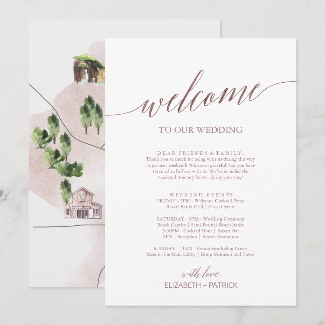 Elegante Rose Goldener Willkommensbrief Reiseplan  (Vorne/Hinten)