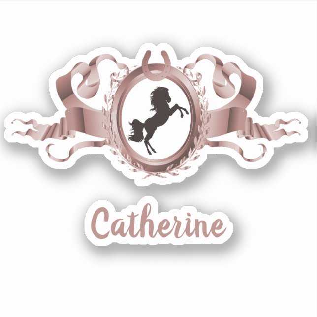 Elegante Rose Goldenes Horse Ribbon Wappen Name Aufkleber (Vorderseite)