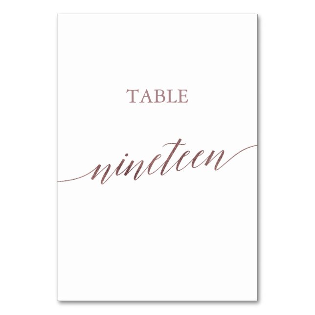 Elegante Rose Goldkalligrafie-Tabelle neunzehn Tischnummer (Vorderseite)