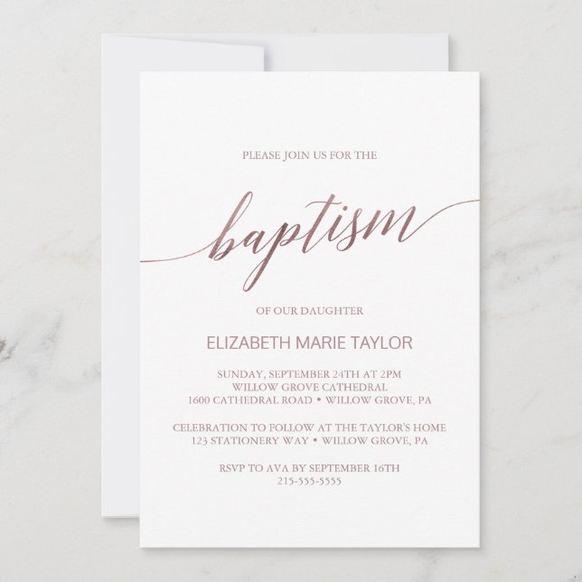 Elegante Rose Goldkalligrafie Taufe Einladung (Vorderseite)