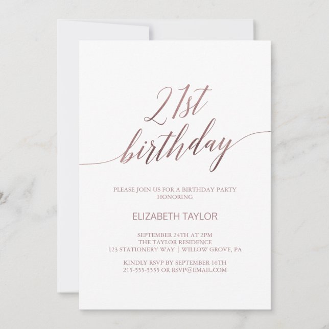 Elegante Rose Goldkalligraphie 21. Geburtstag Einladung (Vorderseite)