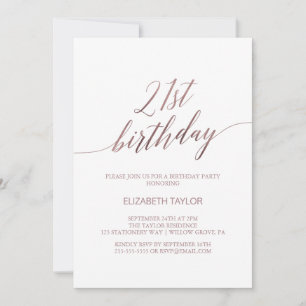 Elegante Rose Goldkalligraphie 21. Geburtstag Einladung