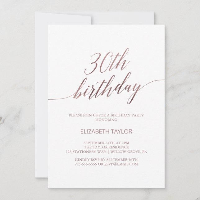 Elegante Rose Goldkalligraphie 30. Geburtstag Einladung (Vorderseite)