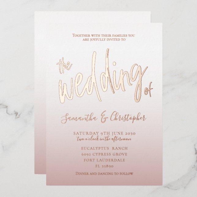 Elegante Rose Goldkalligraphie Das Hochheiraten vo Folieneinladung (Vorderseite/Rückseite)