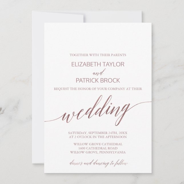 Elegante Rose Goldkalligraphie Hochzeit Einladung (Vorderseite)