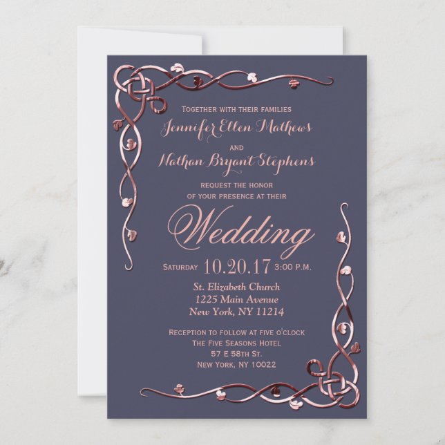 Elegante Rose Goldleafy Vines auf dem Navy Blue Einladung (Vorderseite)