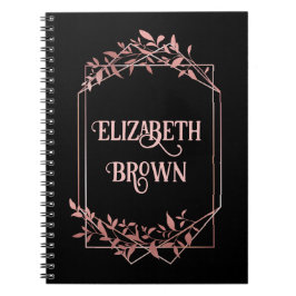 Elegante Rose Goldrahmen Blätter schwarz Notizblock