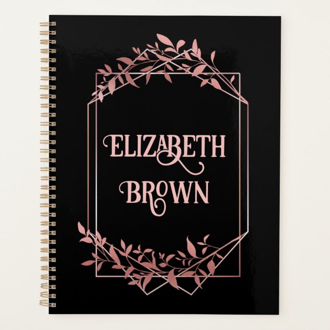 Elegante Rose Goldrahmen Blätter schwarz Planer (Vorderseite)