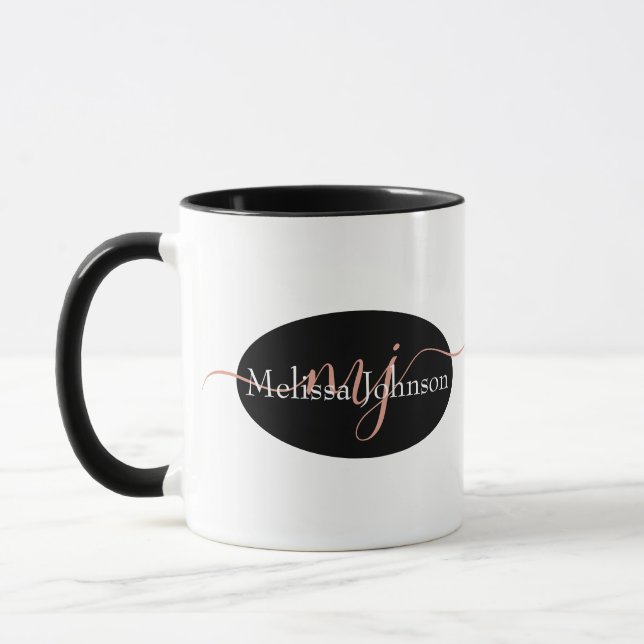 Elegante Rose Goldschrift auf Schwarz Tasse (Links)