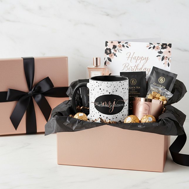 Elegante Rose Goldschrift auf schwarzer Tasse (Von Creator hochgeladen)