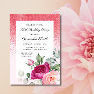 Elegante Rose Grün Blumenrot Glitzer Geburtstag Einladung