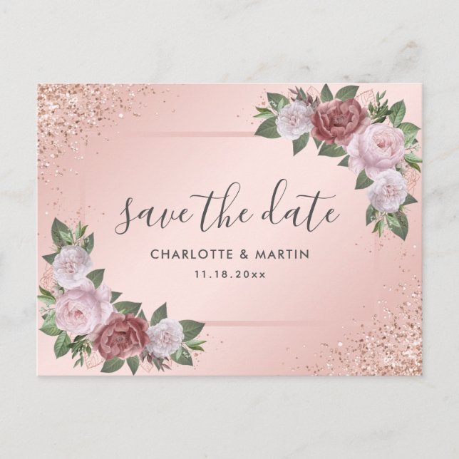 Elegante Rose Hochzeit in Rosa Rosa Ankündigungspostkarte (Vorderseite)