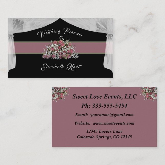 Elegante Rose Hochzeitsplaner-Visitenkarte Visitenkarte (Vorne/Hinten)